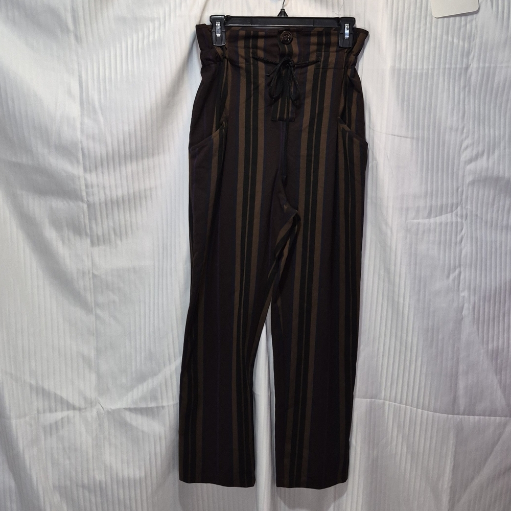 Zara Small High-Rise Striped Paperbag Trousers in Brown and Black - Picture 2 of 8